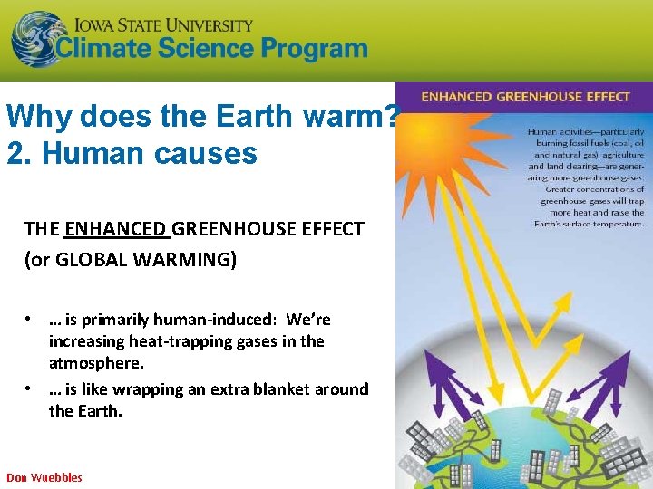 Why does the Earth warm? 2. Human causes THE ENHANCED GREENHOUSE EFFECT (or GLOBAL