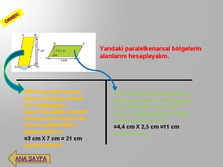 : K NE ÖR Yandaki paralelkenarsal bölgelerin alanlarını hesaplayalım. ABCD paralel kenarın taban uzunluğu