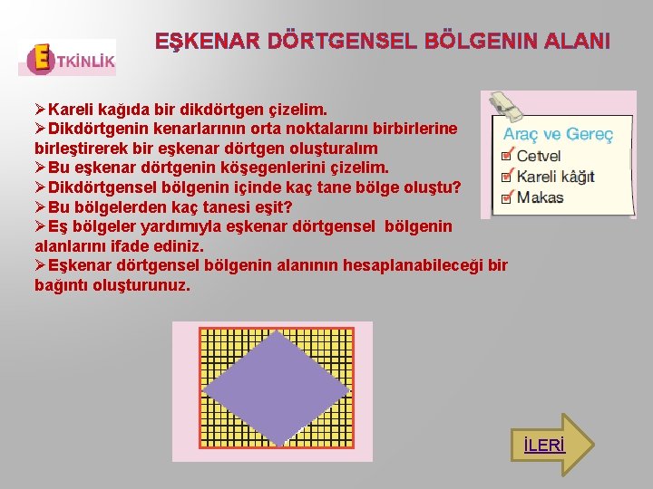 EŞKENAR DÖRTGENSEL BÖLGENIN ALANI ØKareli kağıda bir dikdörtgen çizelim. ØDikdörtgenin kenarlarının orta noktalarını birbirlerine