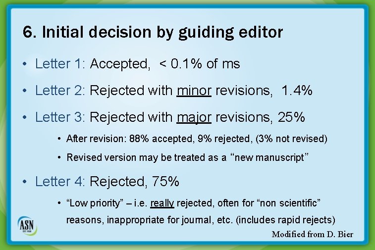 6. Initial decision by guiding editor • Letter 1: Accepted, < 0. 1% of