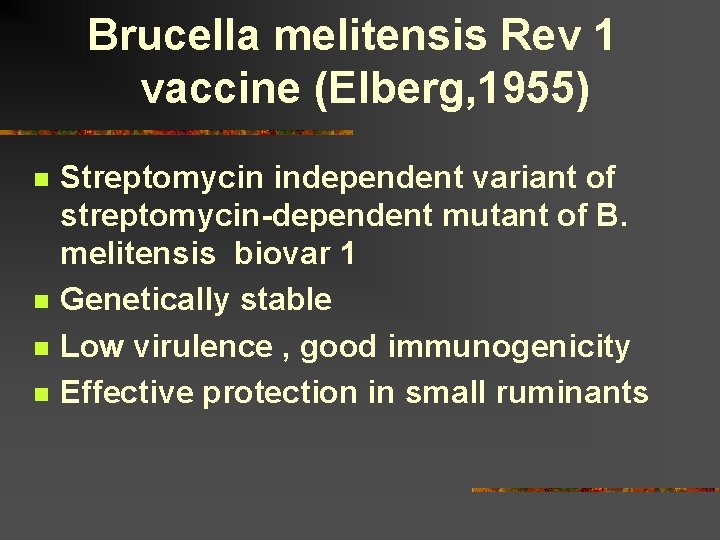 Brucella melitensis Rev 1 vaccine (Elberg, 1955) n n Streptomycin independent variant of streptomycin-dependent