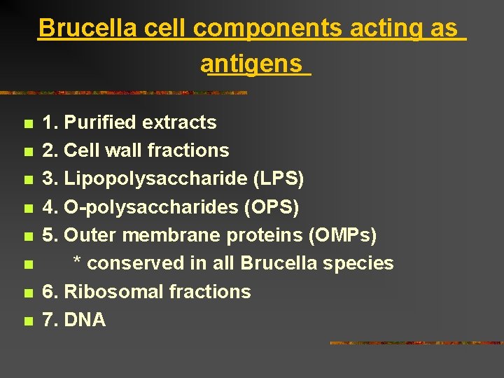 Brucella cell components acting as antigens n n n n 1. Purified extracts 2.