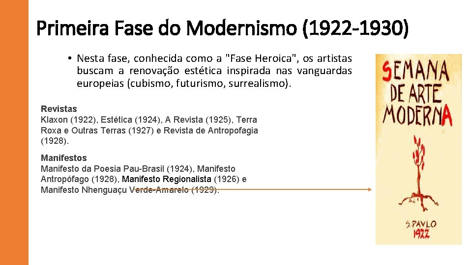 Primeira Fase do Modernismo (1922 -1930) • Nesta fase, conhecida como a "Fase Heroica",