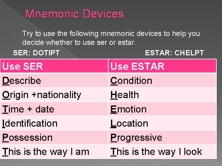 Mnemonic Devices Try to use the following mnemonic devices to help you decide whether