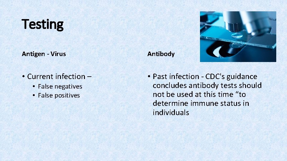 Testing Antigen - Virus Antibody • Current infection – • Past infection - CDC's