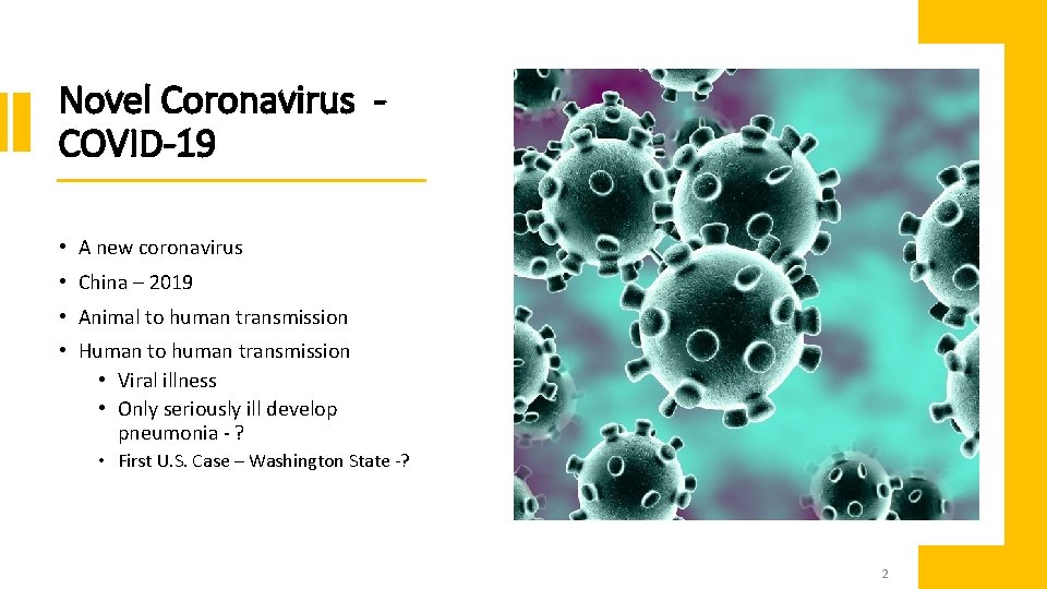 Novel Coronavirus COVID-19 • A new coronavirus • China – 2019 • Animal to