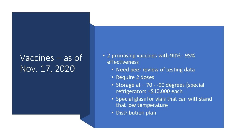 Vaccines – as of Nov. 17, 2020 • 2 promising vaccines with 90% -