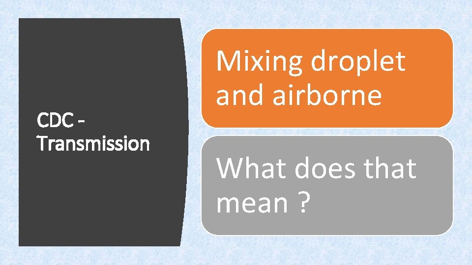 CDC Transmission Mixing droplet and airborne What does that mean ? 