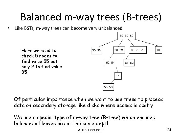 Balanced m-way trees (B-trees) • Like BSTs, m-way trees can become very unbalanced Here