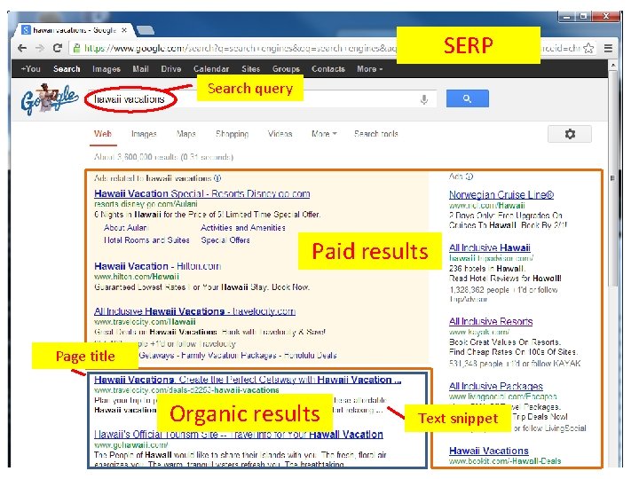 SERP Search query Paid results Page title Organic results Text snippet 