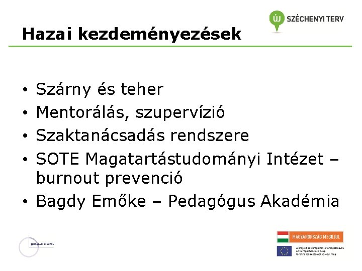 Hazai kezdeményezések Szárny és teher Mentorálás, szupervízió Szaktanácsadás rendszere SOTE Magatartástudományi Intézet – burnout