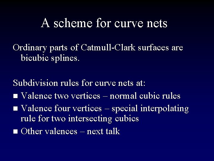 A scheme for curve nets Ordinary parts of Catmull-Clark surfaces are bicubic splines. Subdivision
