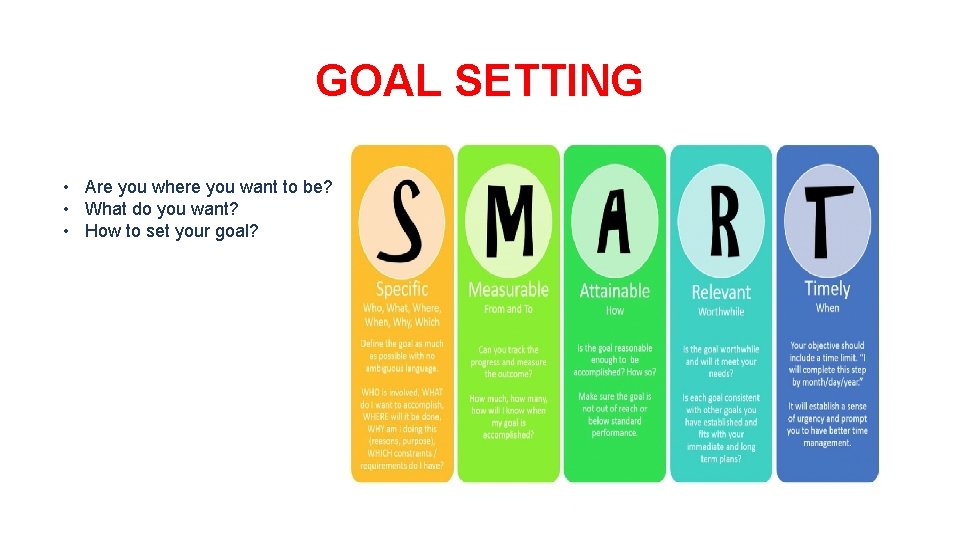 GOAL SETTING • Are you where you want to be? • What do you