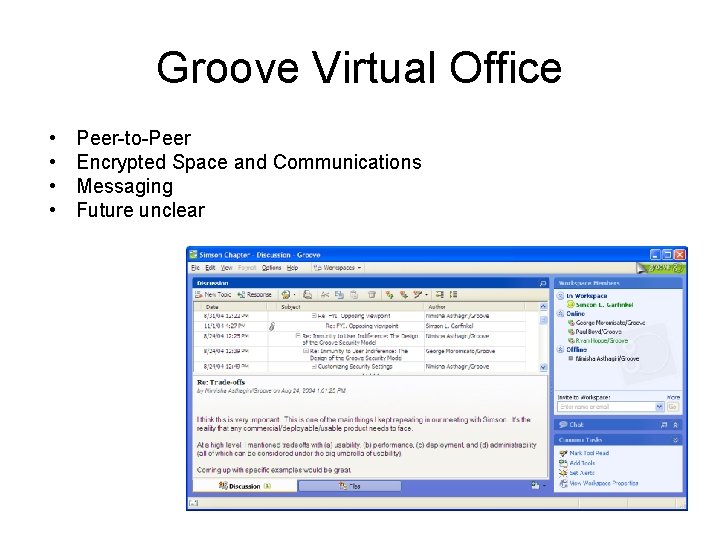 Groove Virtual Office • • Peer-to-Peer Encrypted Space and Communications Messaging Future unclear 