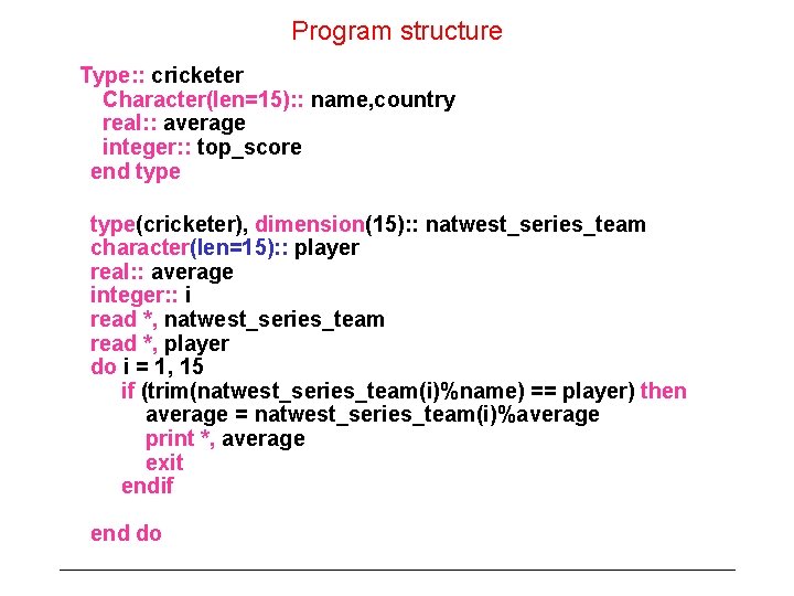 Program structure Type: : cricketer Character(len=15): : name, country real: : average integer: : Program structure Type: : cricketer Character(len=15): : name, country real: : average integer: :