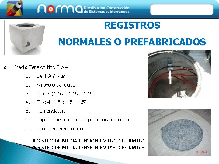 REGISTROS NORMALES O PREFABRICADOS a) Media Tensión tipo 3 o 4 1. De 1