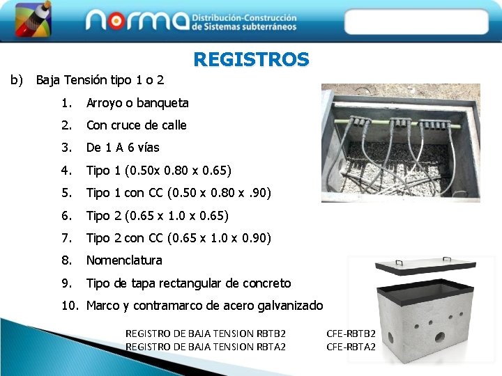 REGISTROS b) Baja Tensión tipo 1 o 2 1. Arroyo o banqueta 2. Con