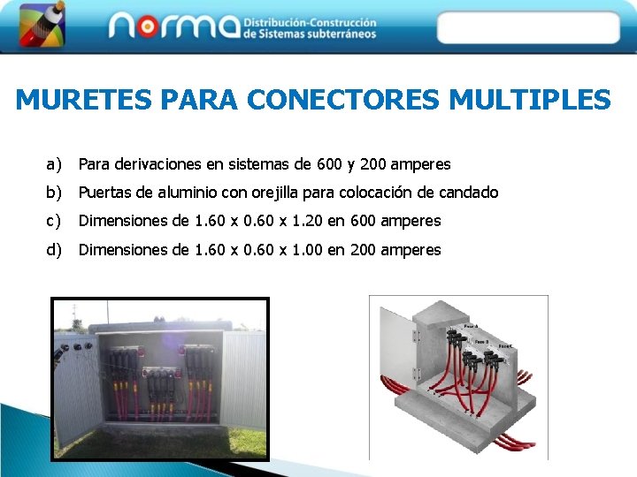 MURETES PARA CONECTORES MULTIPLES a) Para derivaciones en sistemas de 600 y 200 amperes