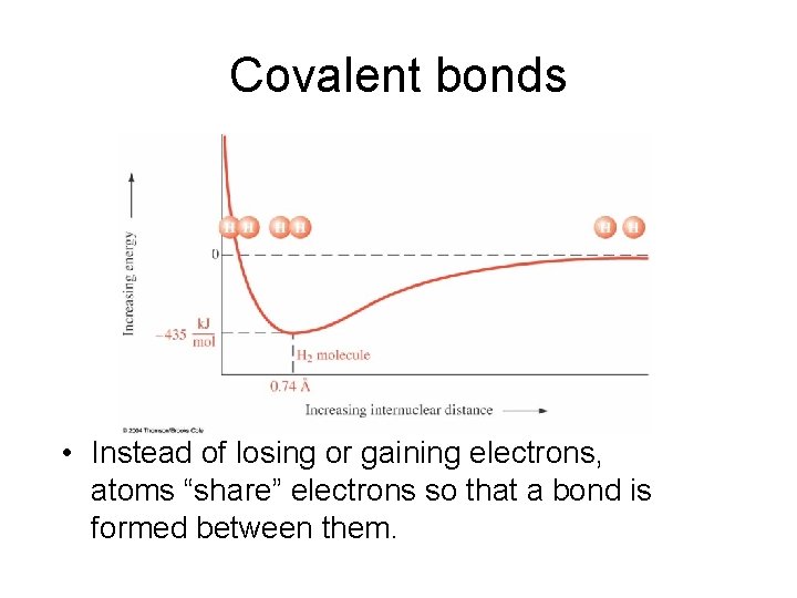 Covalent bonds • Instead of losing or gaining electrons, atoms “share” electrons so that