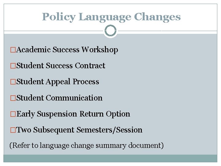 Policy Language Changes �Academic Success Workshop �Student Success Contract �Student Appeal Process �Student Communication