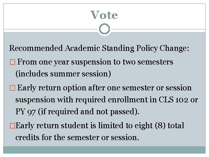 Vote Recommended Academic Standing Policy Change: � From one year suspension to two semesters