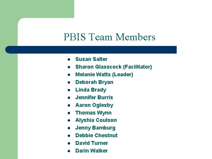 PBIS Team Members l l l l Susan Salter Sharon Glasscock (Facilitator) Melanie Watts