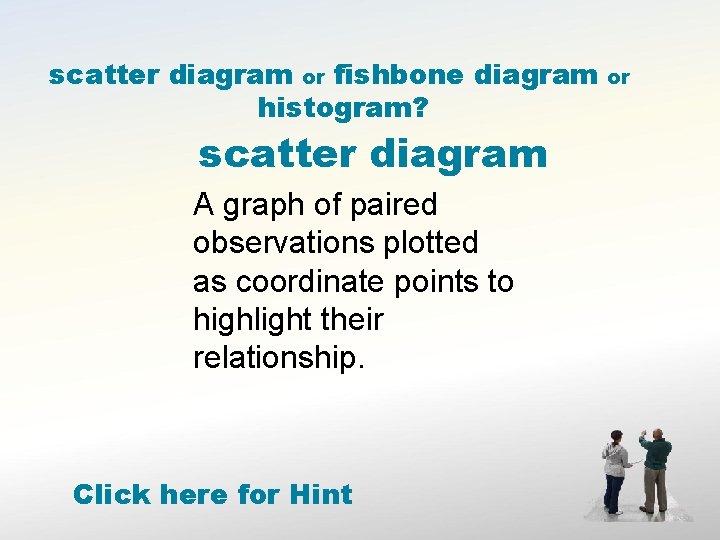 scatter diagram or fishbone diagram histogram? scatter diagram A graph of paired observations plotted