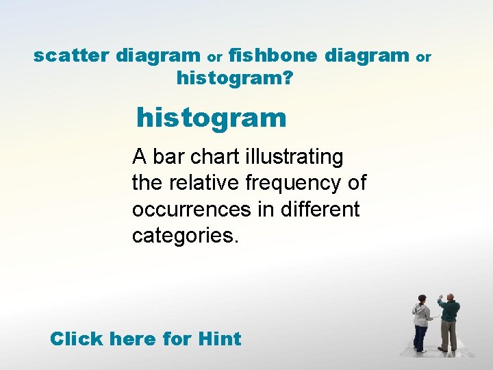 scatter diagram or fishbone diagram histogram? histogram A bar chart illustrating the relative frequency