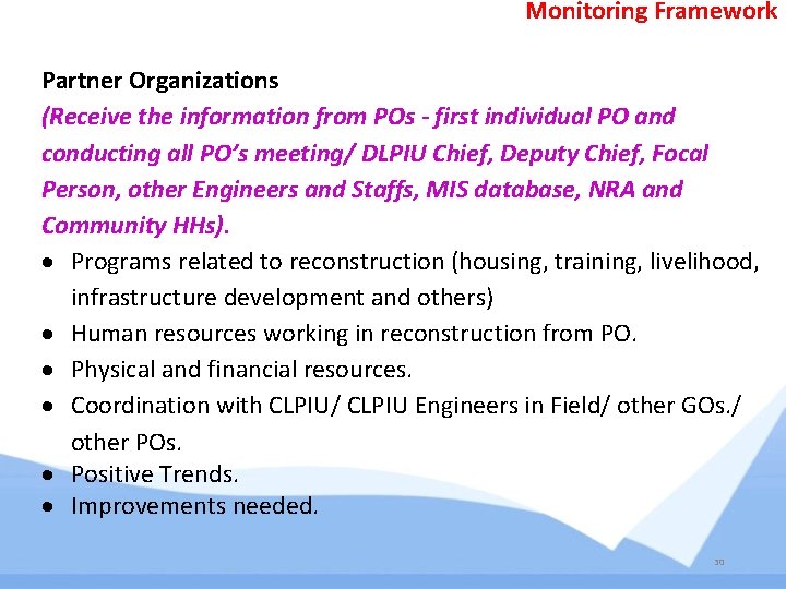 Monitoring Framework Partner Organizations (Receive the information from POs - first individual PO and Monitoring Framework Partner Organizations (Receive the information from POs - first individual PO and