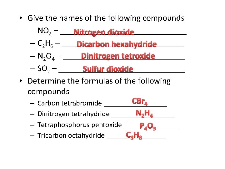  • Give the names of the following compounds – NO 2 – _______________