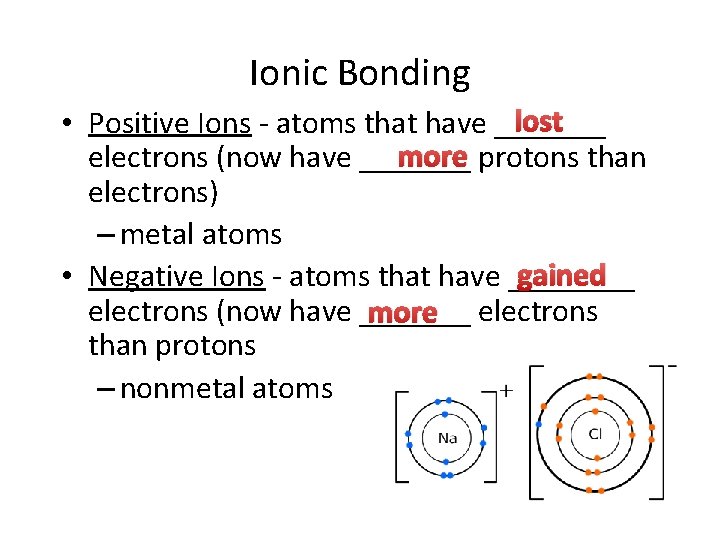 Ionic Bonding lost • Positive Ions - atoms that have _______ more protons than