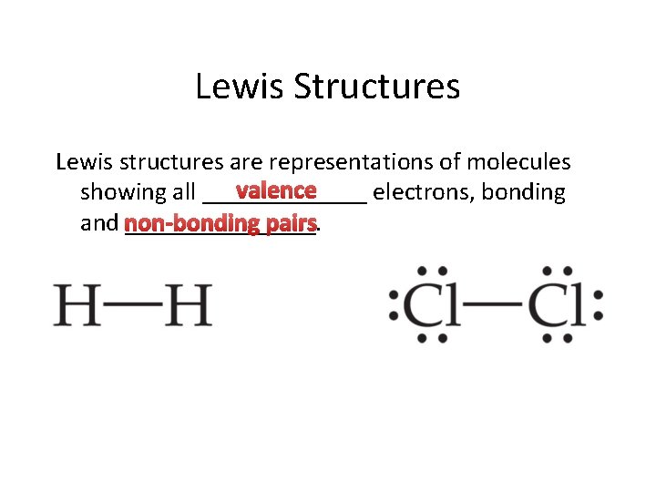 Lewis Structures Lewis structures are representations of molecules valence showing all _______ electrons, bonding