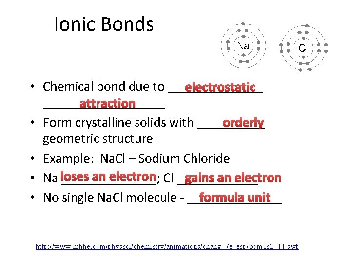Ionic Bonds • Chemical bond due to _______ electrostatic _________ attraction • Form crystalline