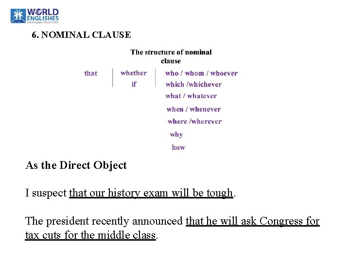 6. NOMINAL CLAUSE As the Direct Object I suspect that our history exam will 6. NOMINAL CLAUSE As the Direct Object I suspect that our history exam will
