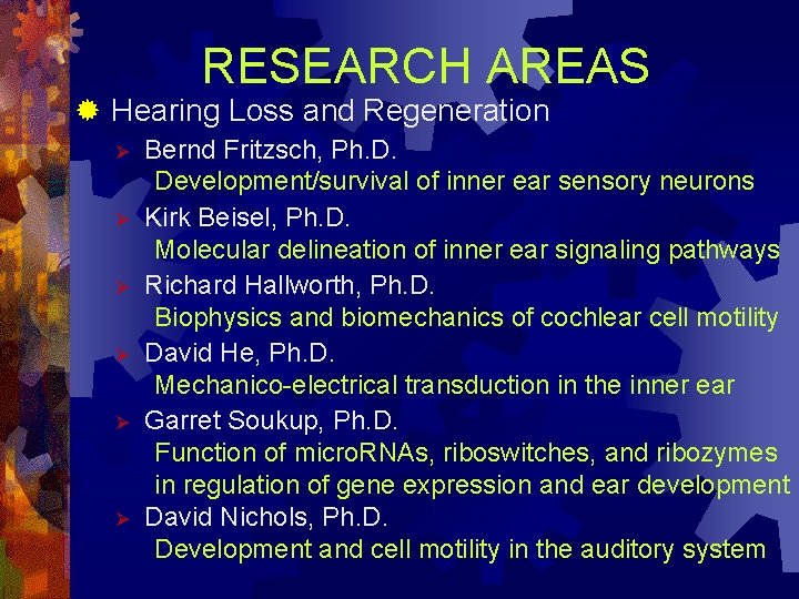 RESEARCH AREAS ® Hearing Loss and Regeneration Ø Ø Ø Bernd Fritzsch, Ph. D.