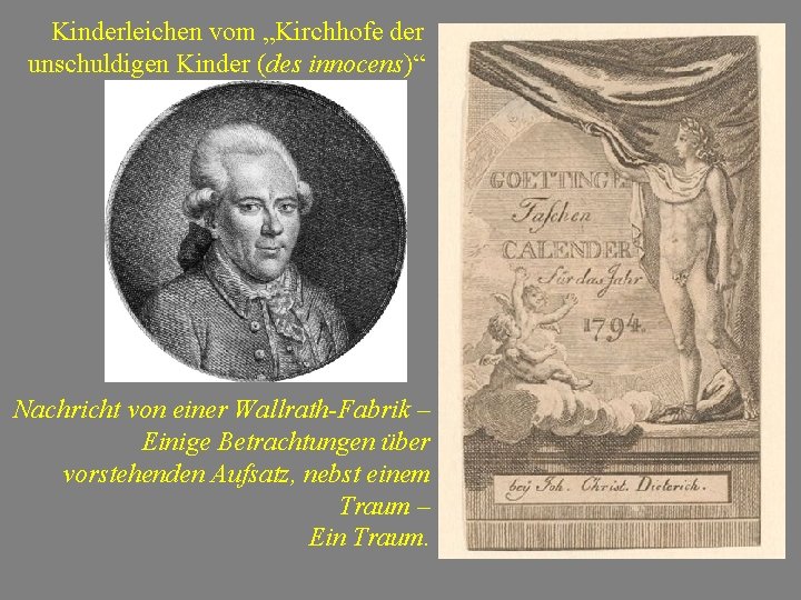 Kinderleichen vom „Kirchhofe der unschuldigen Kinder (des innocens)“ Nachricht von einer Wallrath-Fabrik – Einige