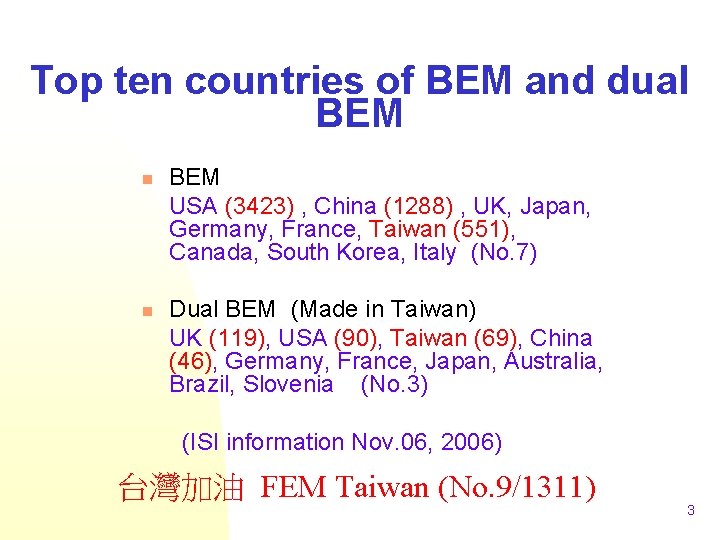 Top ten countries of BEM and dual BEM n n BEM USA (3423) ,