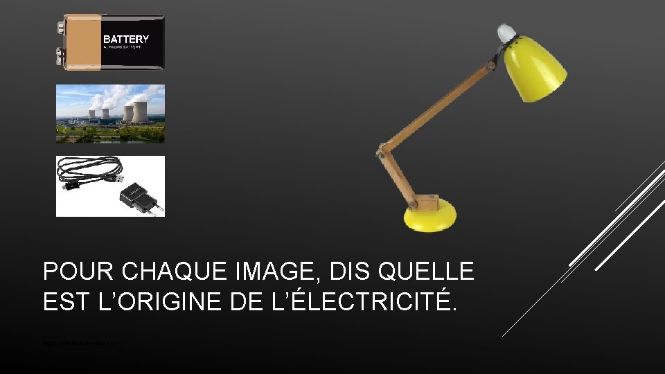 POUR CHAQUE IMAGE, DIS QUELLE EST L’ORIGINE DE L’ÉLECTRICITÉ. https: //www. bancdecole. fr 