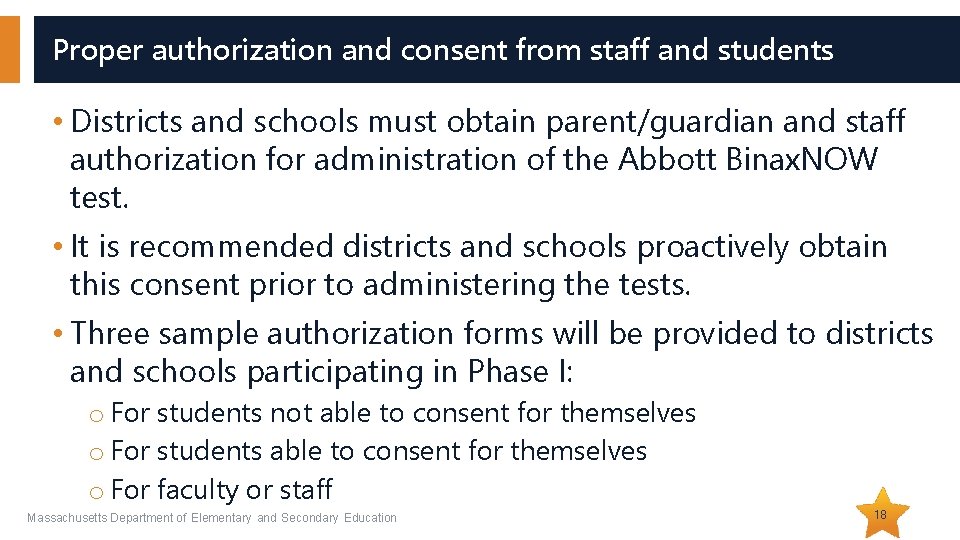 Proper authorization and consent from staff and students • Districts and schools must obtain