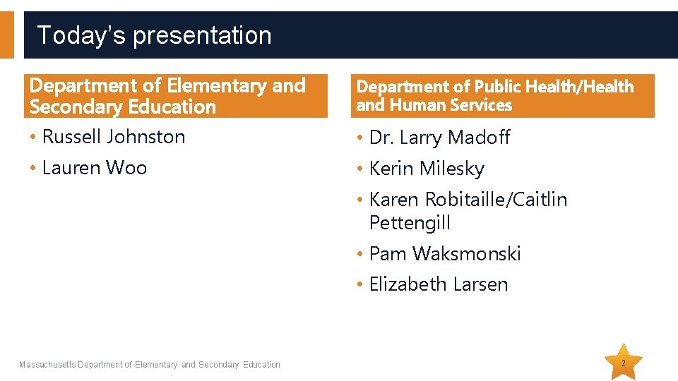 Today’s presentation Department of Elementary and Secondary Education Department of Public Health/Health and Human