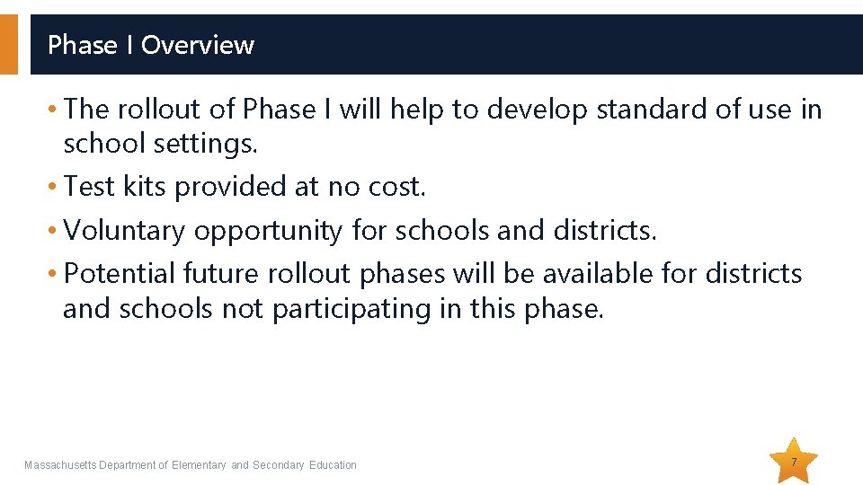 Phase I Overview • The rollout of Phase I will help to develop standard
