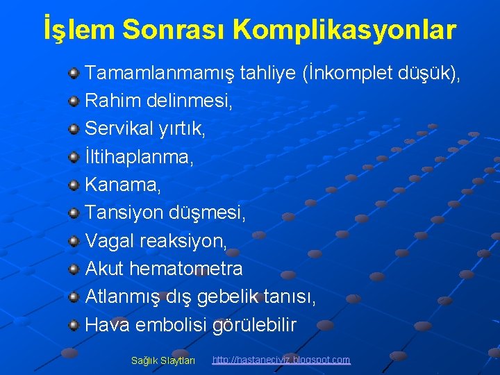 İşlem Sonrası Komplikasyonlar Tamamlanmamış tahliye (İnkomplet düşük), Rahim delinmesi, Servikal yırtık, İltihaplanma, Kanama, Tansiyon