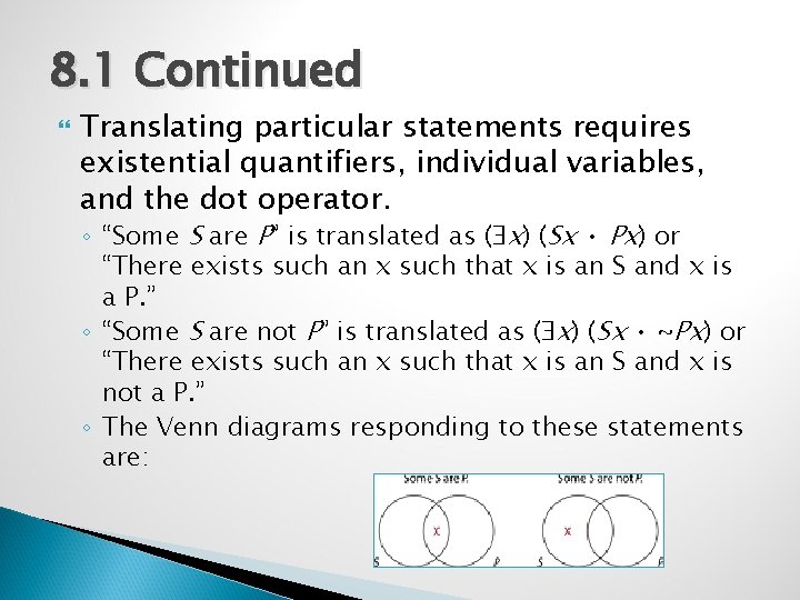 8. 1 Continued Translating particular statements requires existential quantifiers, individual variables, and the dot