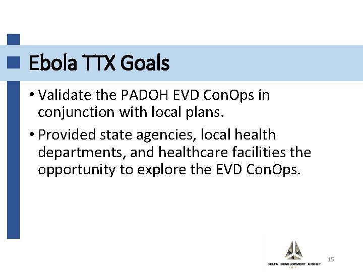 Ebola TTX Goals • Validate the PADOH EVD Con. Ops in conjunction with local