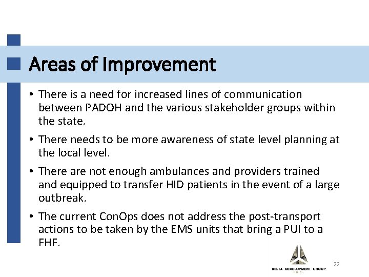Areas of Improvement • There is a need for increased lines of communication between