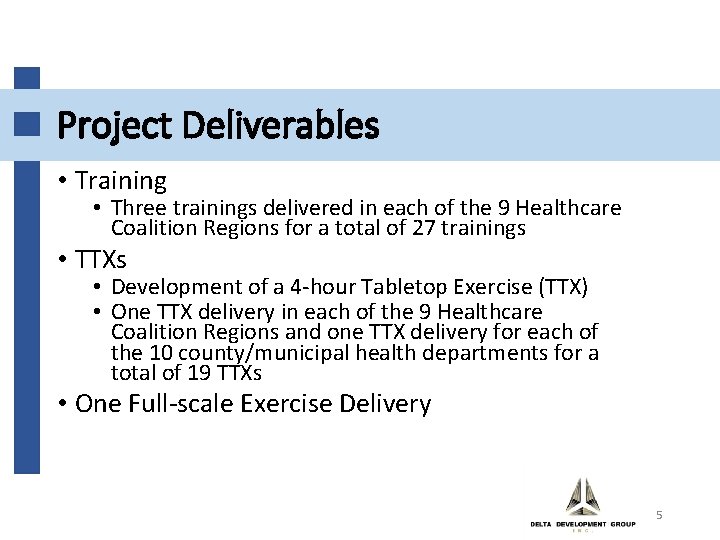 Project Deliverables • Training • Three trainings delivered in each of the 9 Healthcare