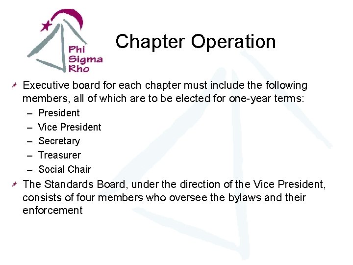 Chapter Operation Executive board for each chapter must include the following members, all of