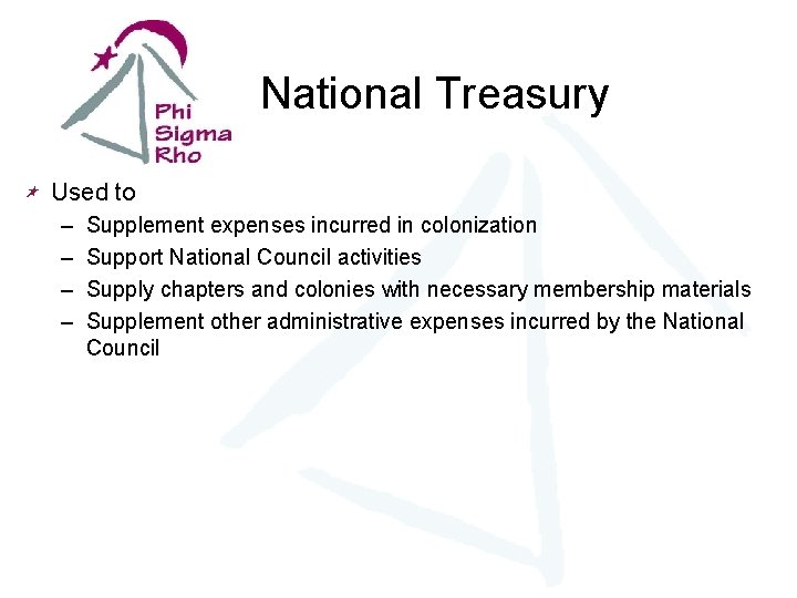 National Treasury Used to – – Supplement expenses incurred in colonization Support National Council