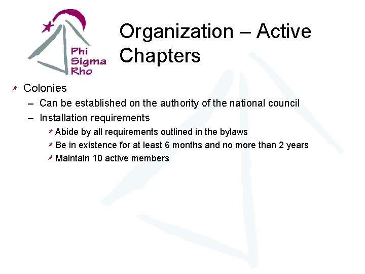 Organization – Active Chapters Colonies – Can be established on the authority of the