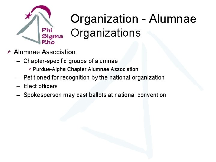 Organization - Alumnae Organizations Alumnae Association – Chapter-specific groups of alumnae Purdue-Alpha Chapter Alumnae